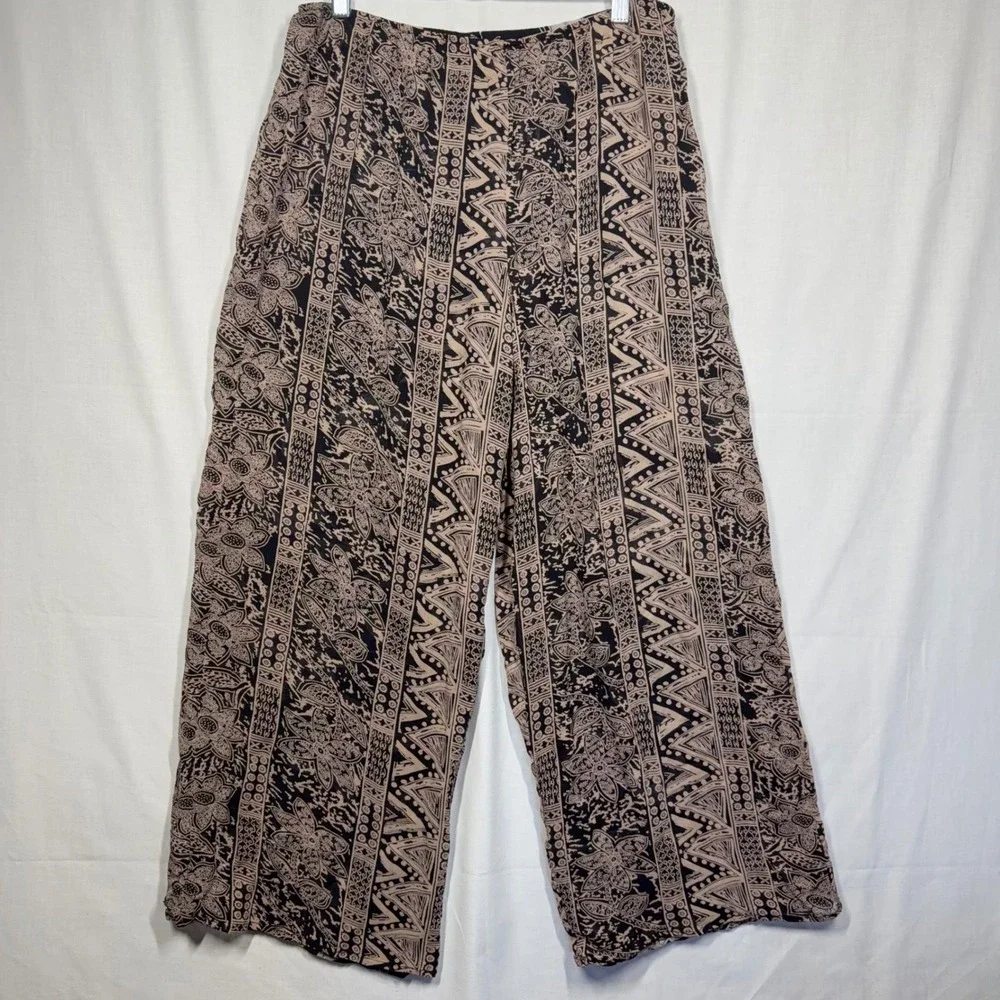 Wide Leg Palazzo Pants Womens Large Two-Sided Floral Tribal Batik Boho Flowy